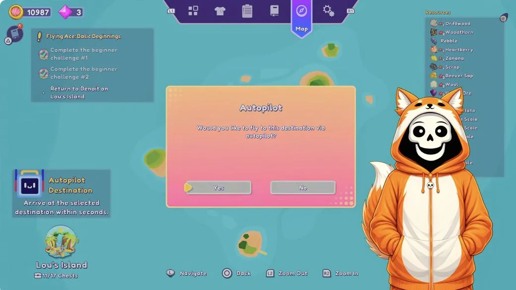 Lou’s Island selected on the map with an Autopilot confirmation dialog offering Yes and No.