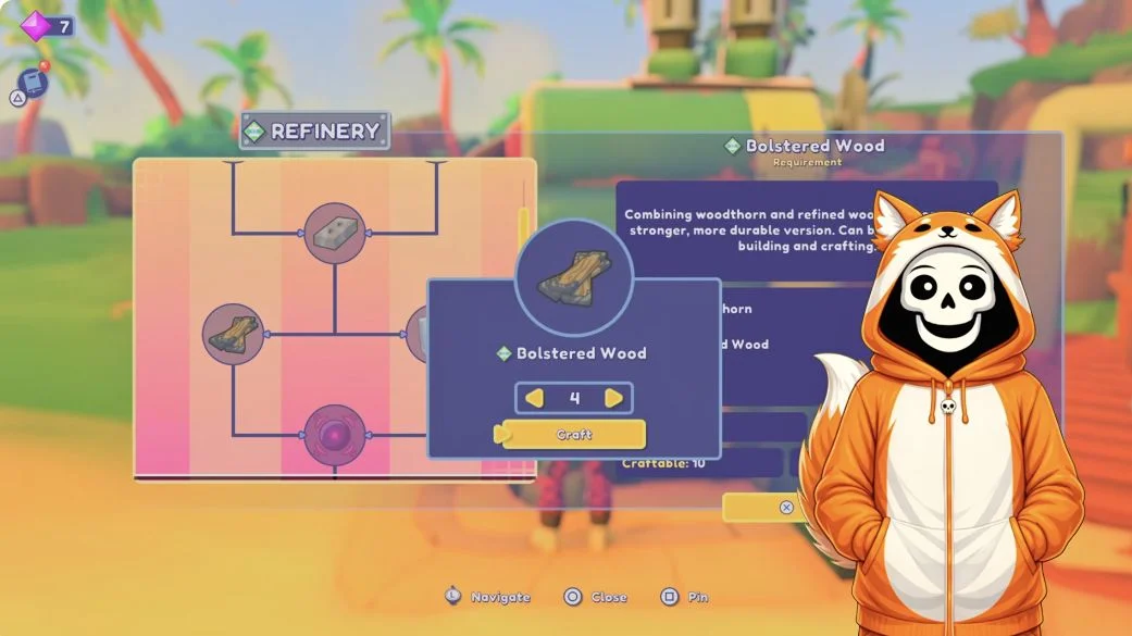 Refinery recipe menu with a quantity selector and yellow Craft button for Bolstered Wood.