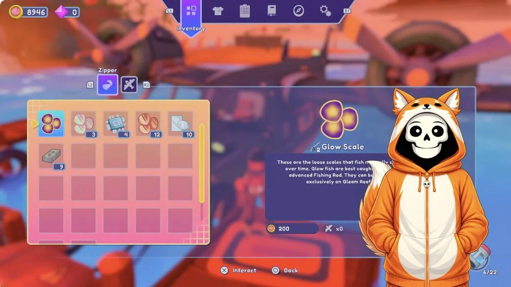 Inventory screen showing the bag and aircraft tabs above the item grid.